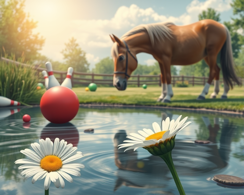 horse, bowling ball, pond, daisy, crayon